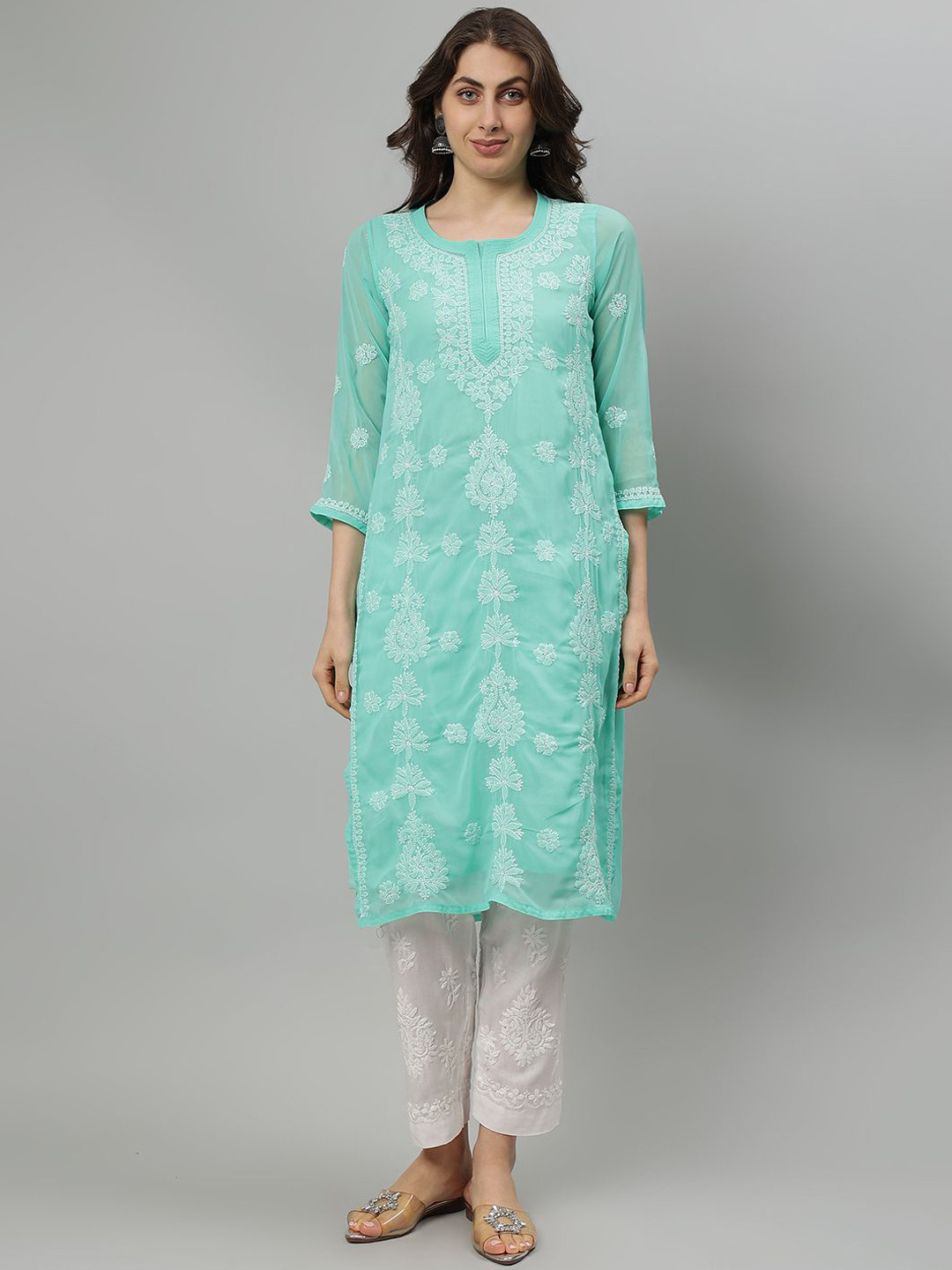 

Seva Chikan Ethnic Motifs Embroidered Chikankari Handloom Georgette Straight Kurta, Sea green