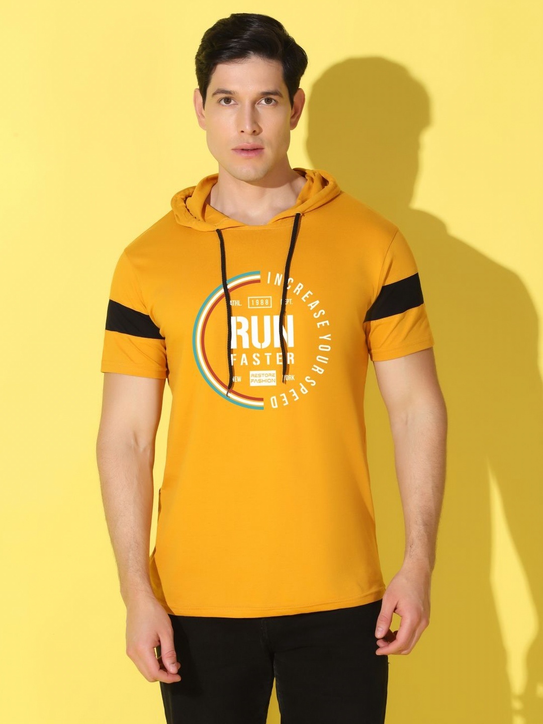 

WOOSTRO Men Typography Printed Round Neck Cotton Slim Fit T-shirt, Mustard