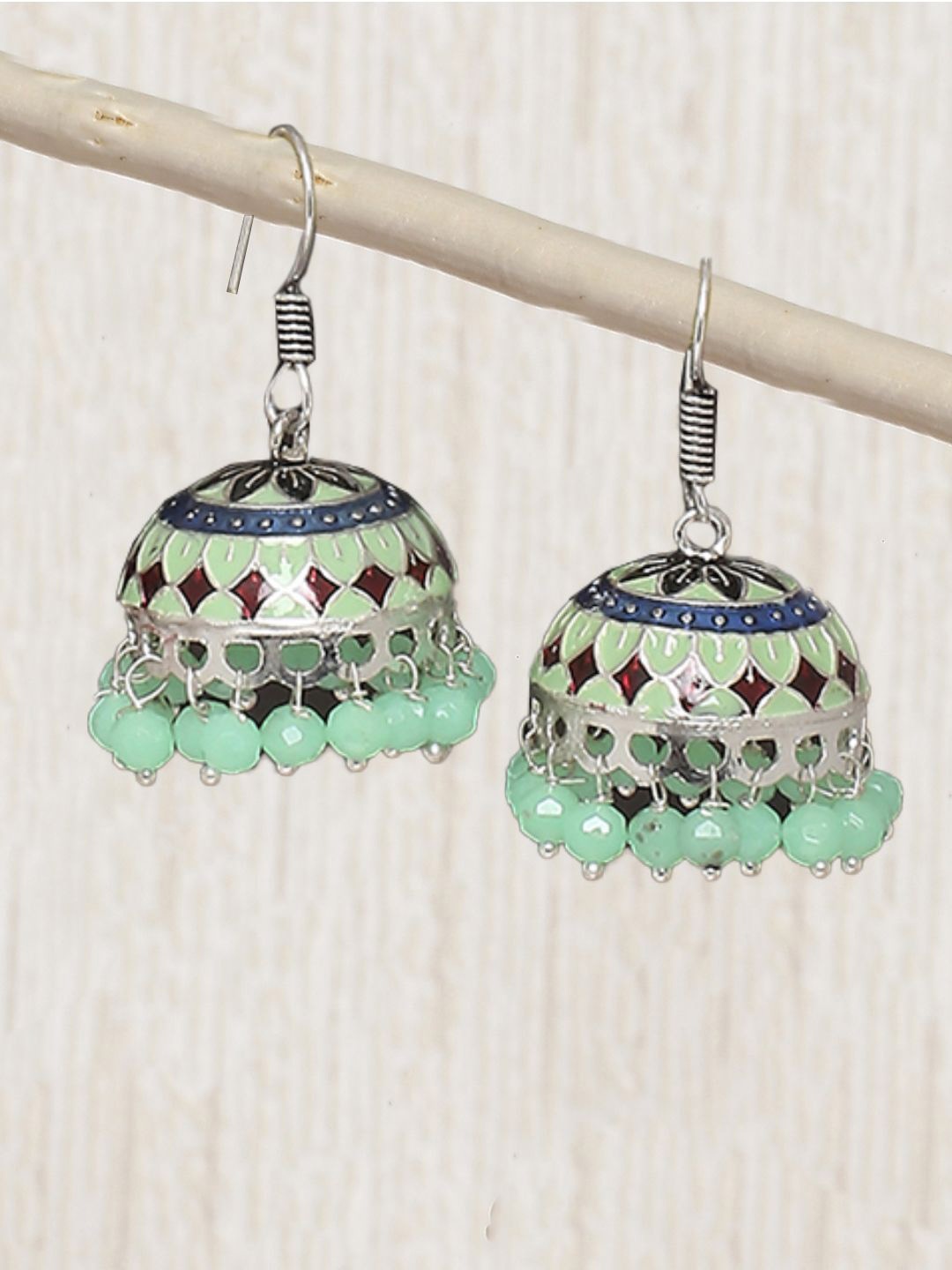 

Sangria Artificial Beaded Dome Shaped Oxidised Meenakari Jhumkas, Silver