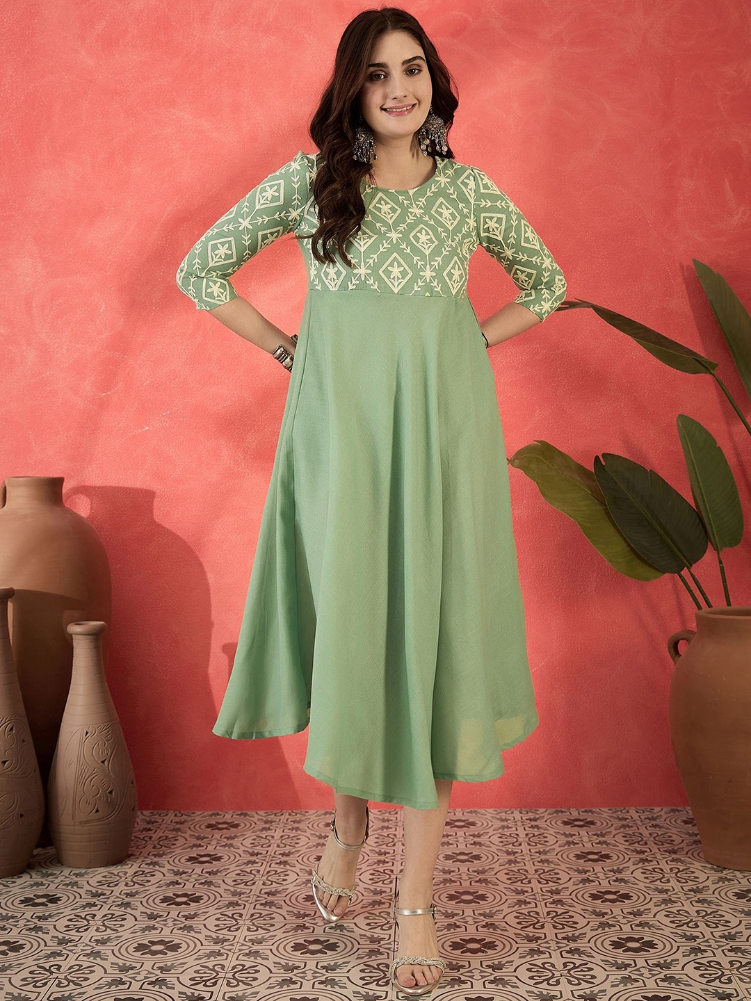

Sangria Floral Yoke Design Round Neck Thread Work Fit And Flare Ethnic Dress, Sea green