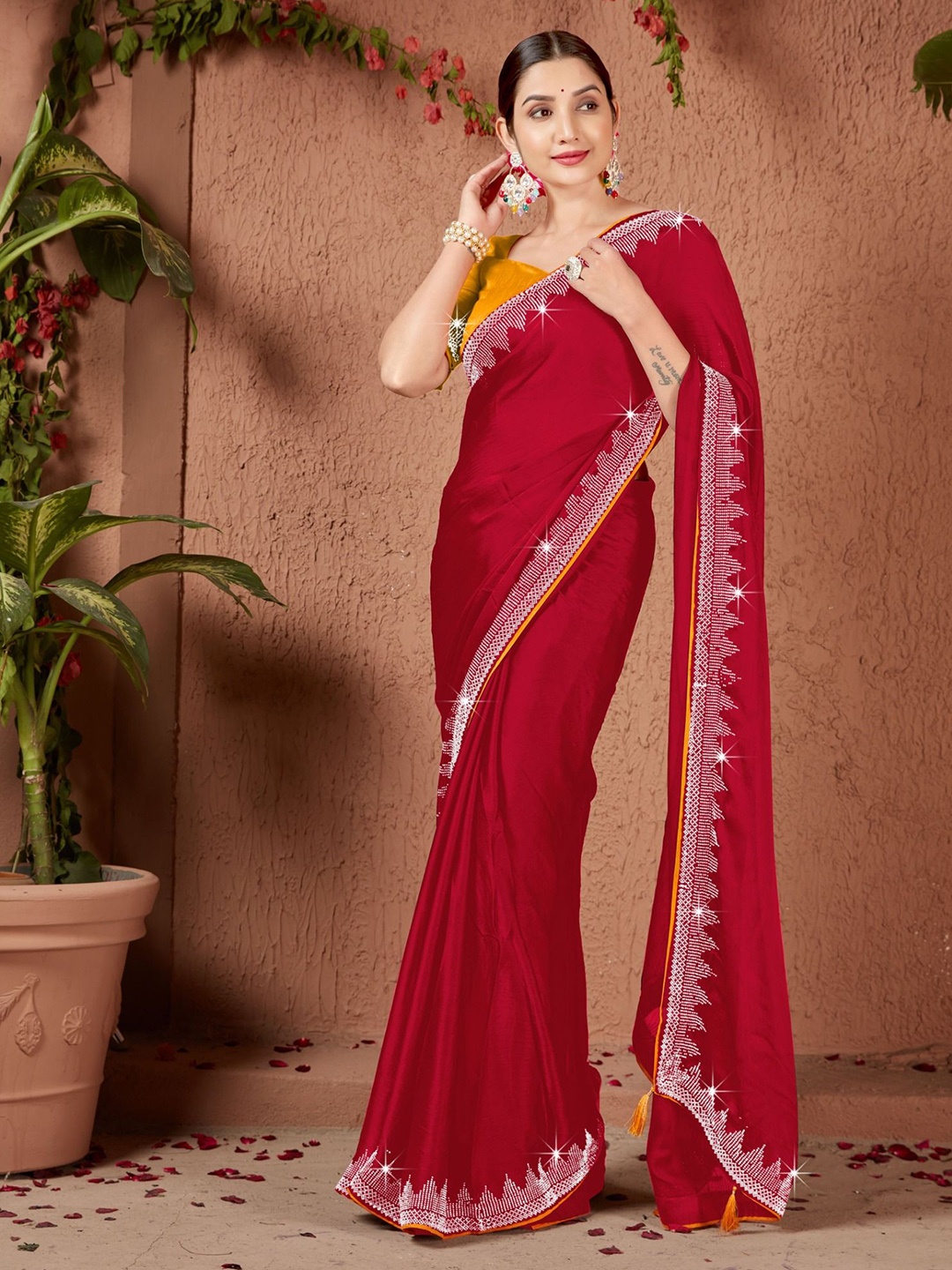 

KEERAT FASHION Embellished Beads and Stones Saree, Red