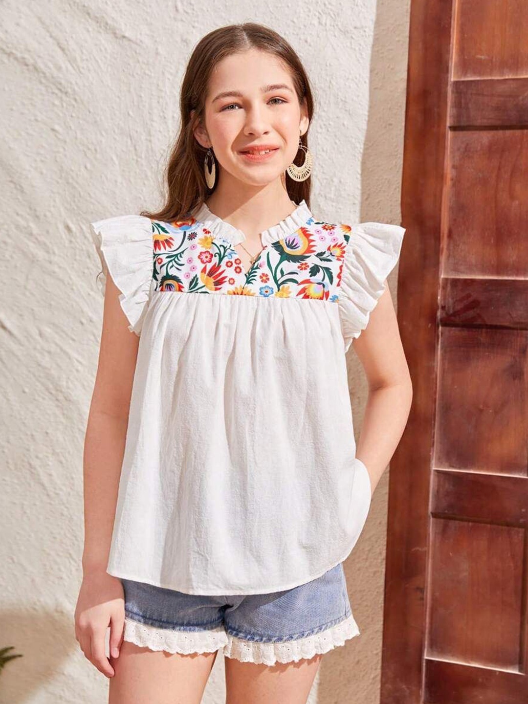 

BAESD Girls Floral Printed Ruffles Cotton Top, White