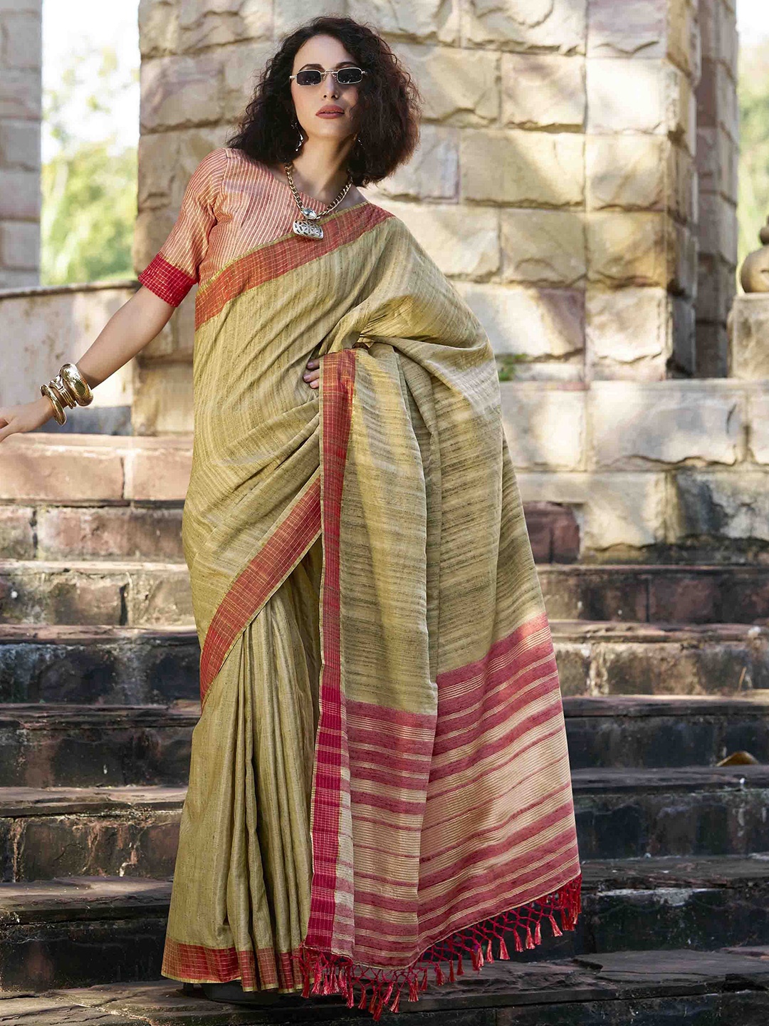 

Mitera Striped Saree, Green