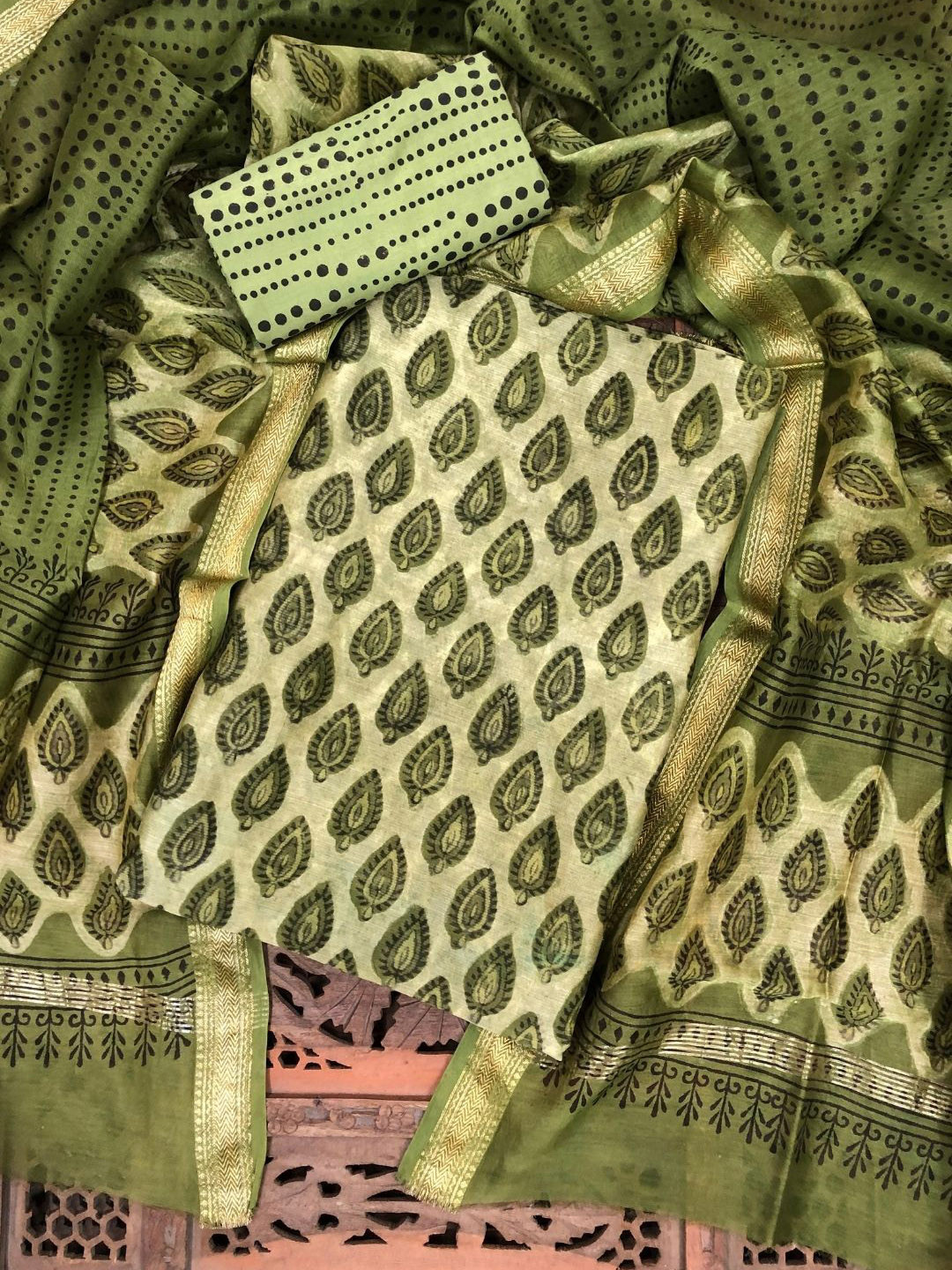 

PALASH Ethnic Motifs Block Printed Pure Silk Unstitched Dress Material, Green