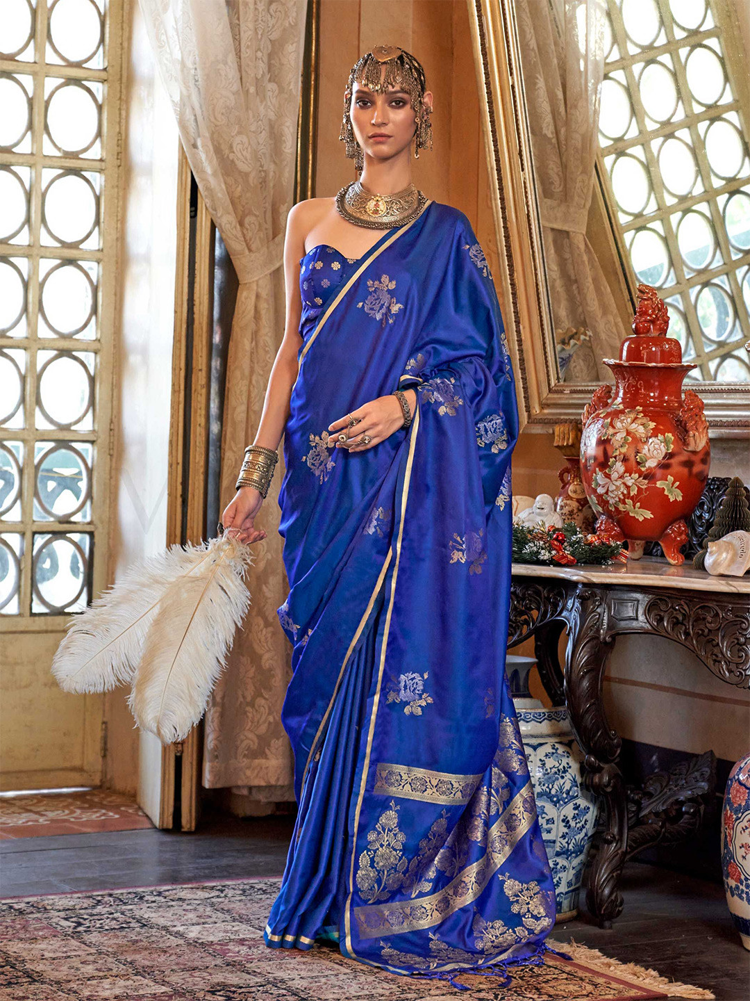 

Vardha Woven Design Zari Satin Banarasi Saree With Unstitched Blouse Piece, Blue