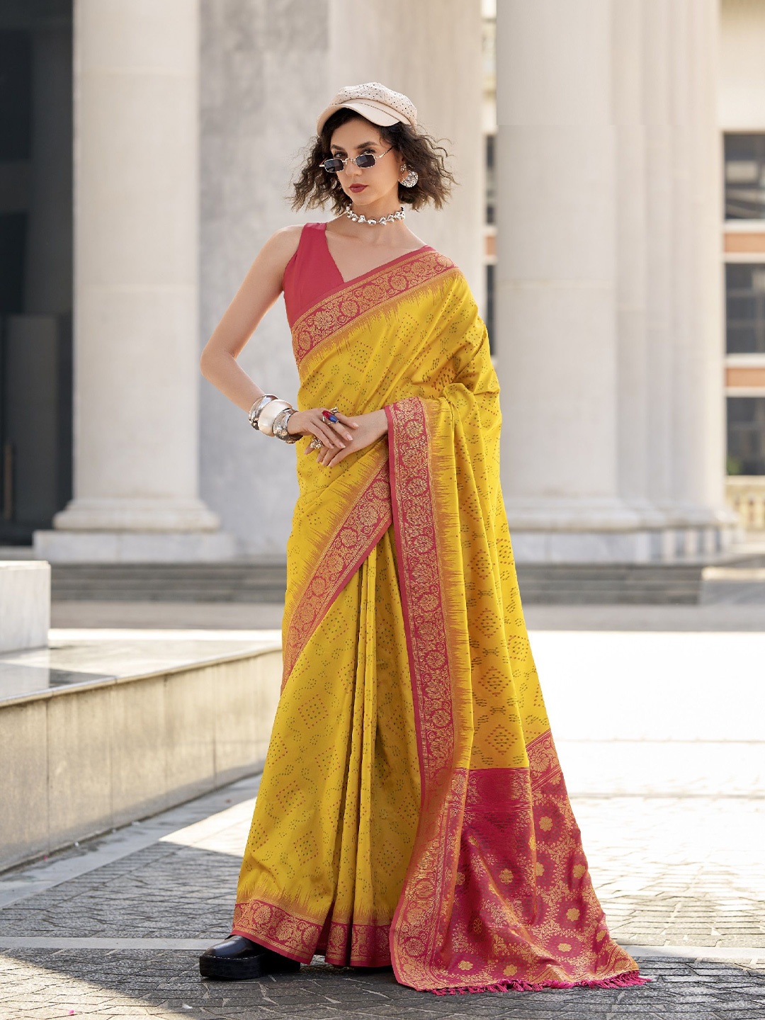 

MAHALASA Bandhani Printed Zari Pure Silk Saree, Yellow