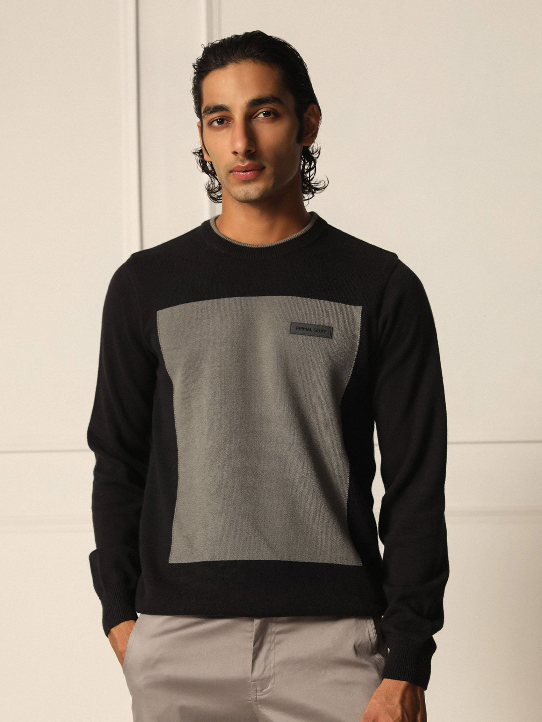 

PRIMAL GRAY Men Colourblocked Pullover Sweaters, Black