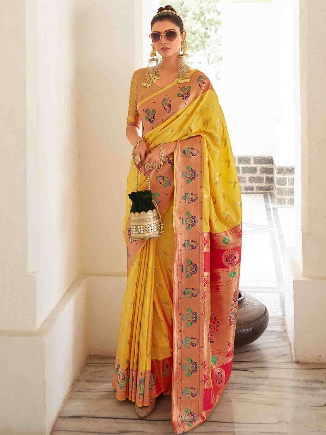 

Mitera Woven Design Pure Georgette Paithani Saree, Yellow