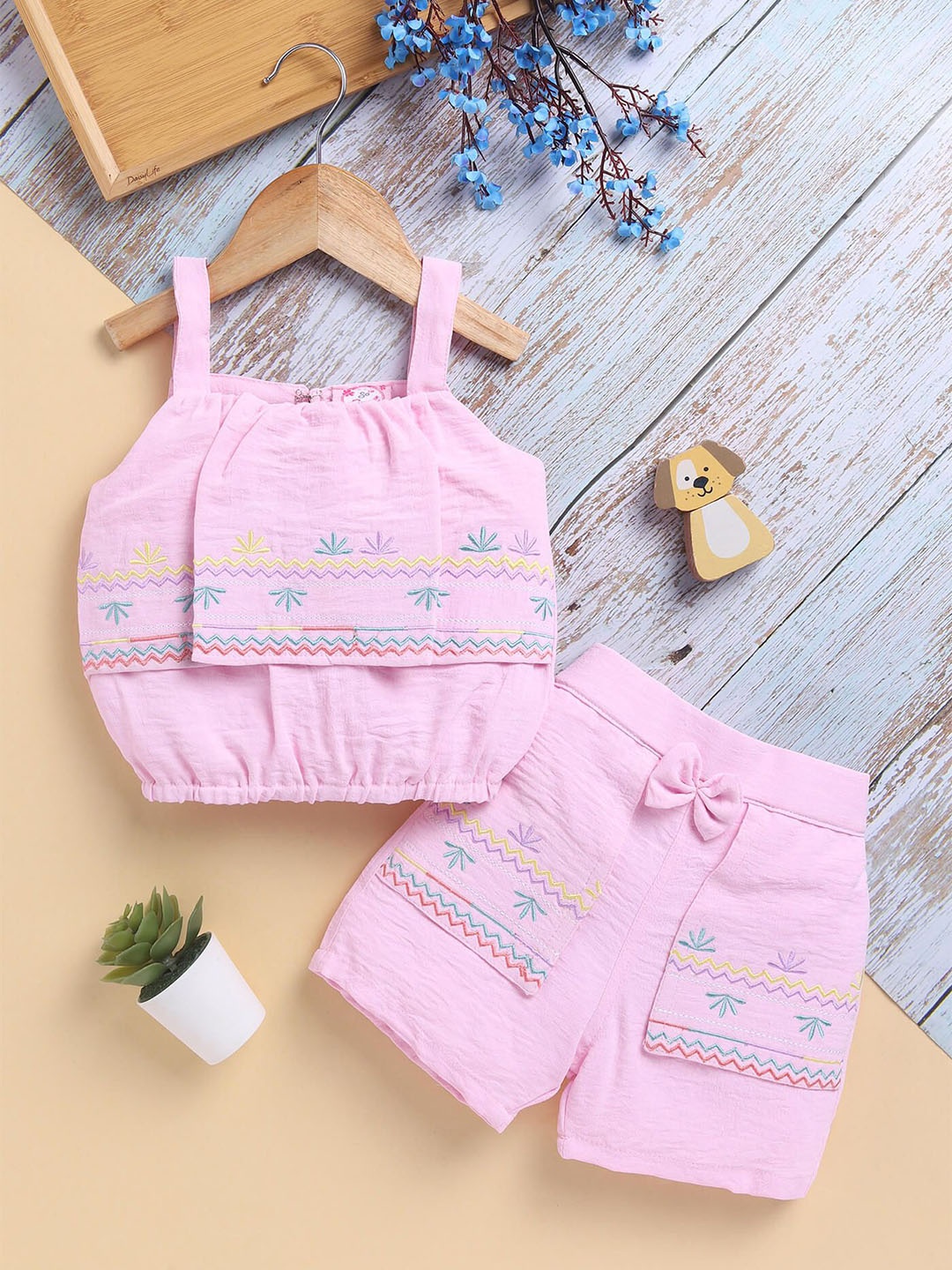

Toonyport Girls Embroidered Shoulder Straps Top With Shorts, Pink