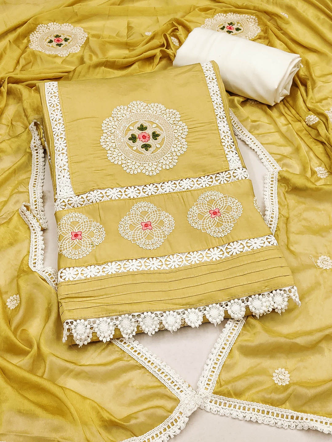 

SHADOW & SAINING Embroidered Pure Silk Semi-Stitched Dress Material, Yellow