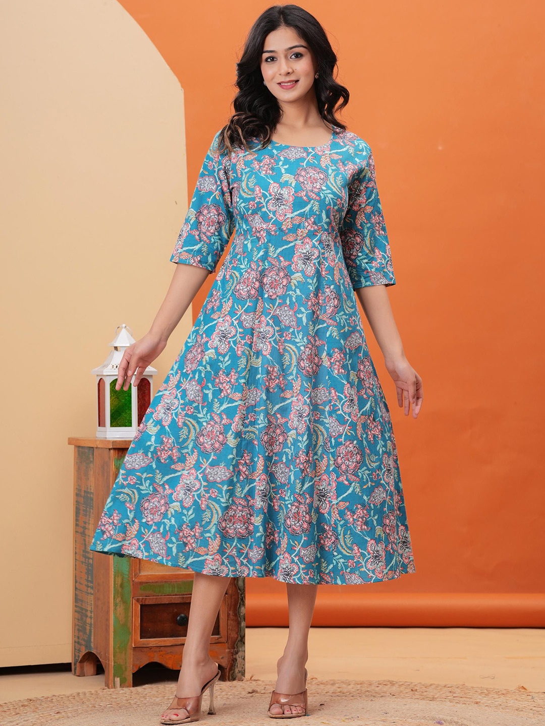 

Sanganeri Kurti Women Floral Printed Cotton A-line Midi Dress, Blue
