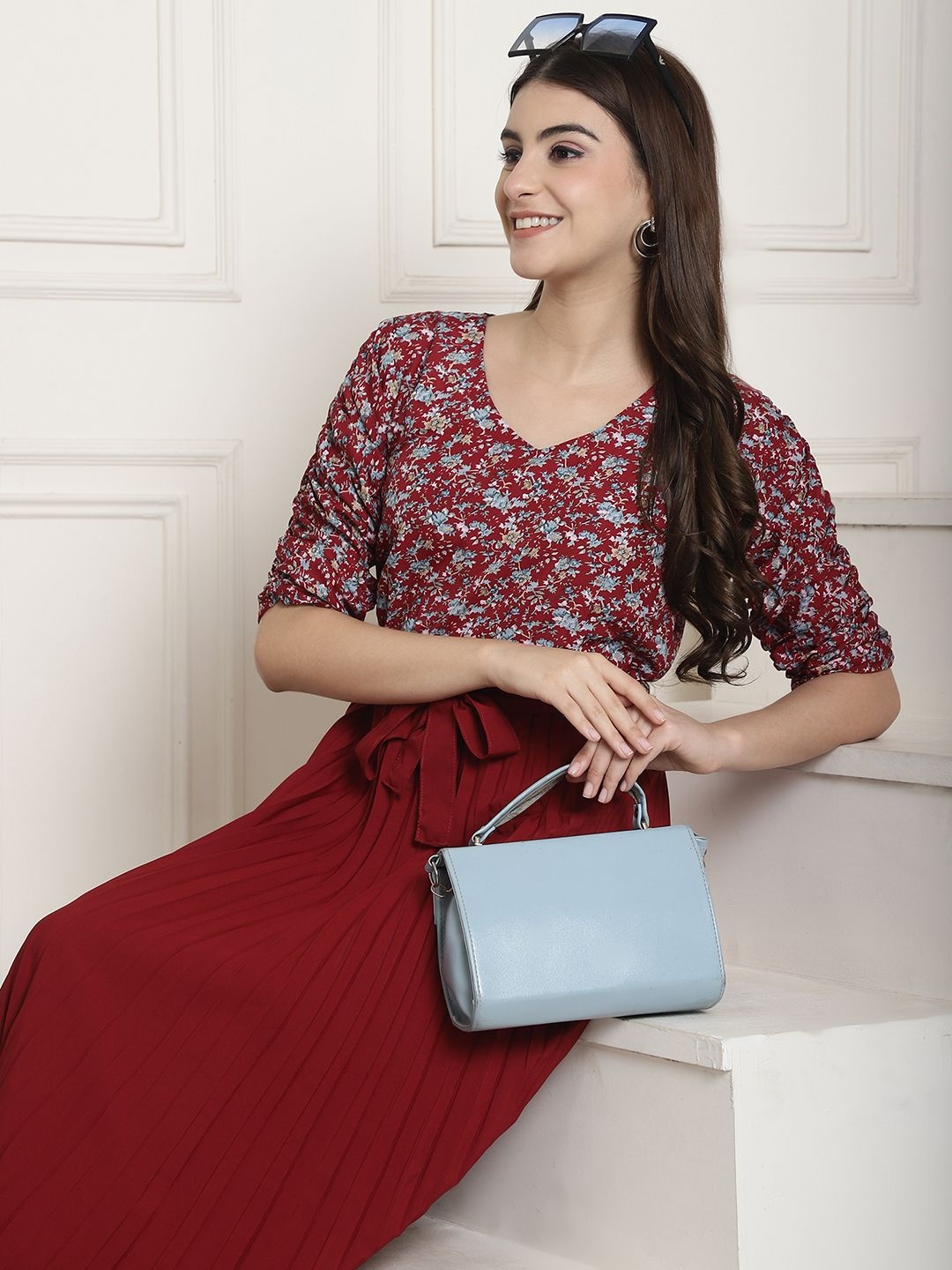 

Metronaut Women V-Neck Floral Printed Accordion Pleats Fit & Flare Midi Dress, Maroon