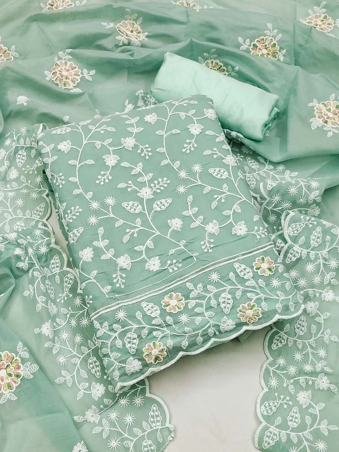 

SHADOW & SAINING Floral Embroidered Thread Work Chanderi Cotton Unstitched Dress Material, Sea green