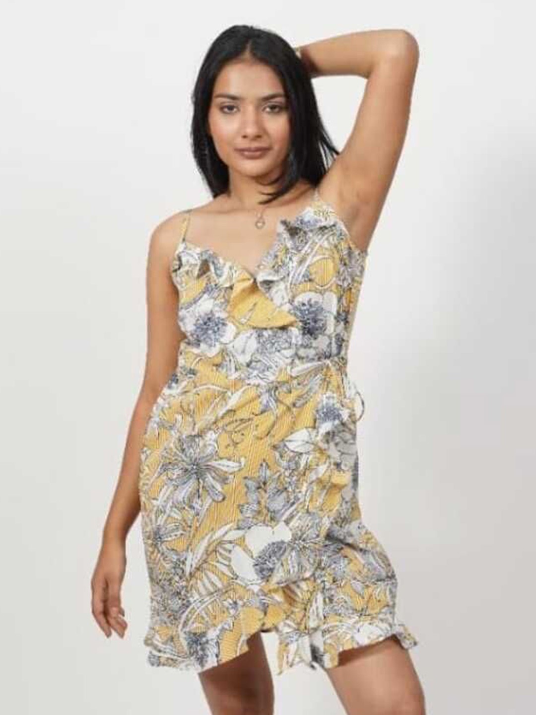

XOXO Cherry Floral Printed Wrap Dress, Yellow