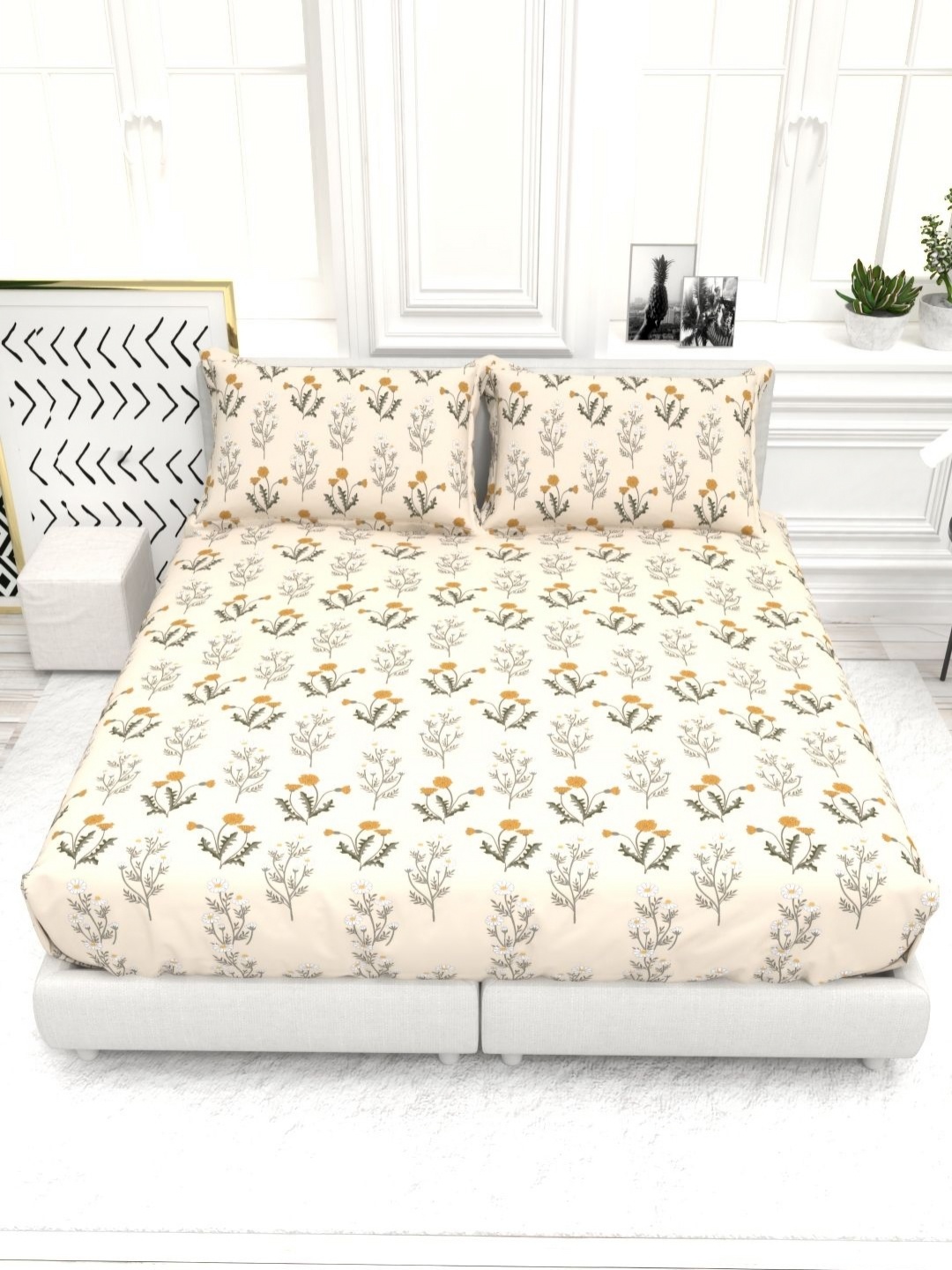 

THE WHITE MOSS Cream & Green Printed 210 TC Queen Bedsheet Set - 2.25 m X 2.55 m