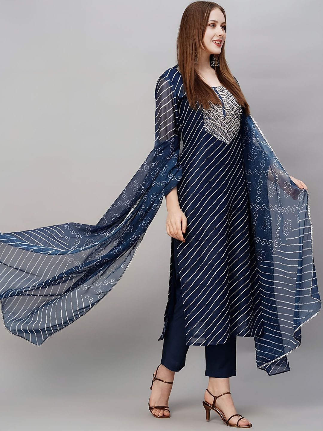 

Shree Infinity Leheriya Printed Thread Work Round Neck Kurta With Trousers & Dupatta, Blue