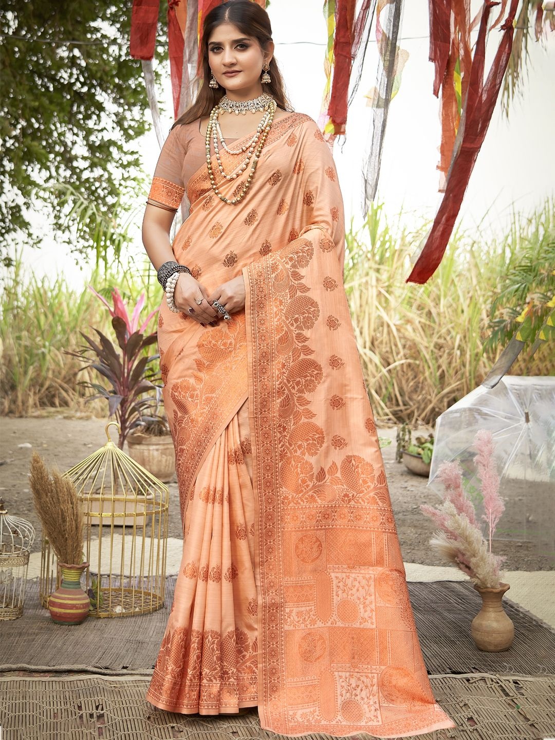 

SANGAM PRINTS Woven Design Zari Tussar Saree, Peach