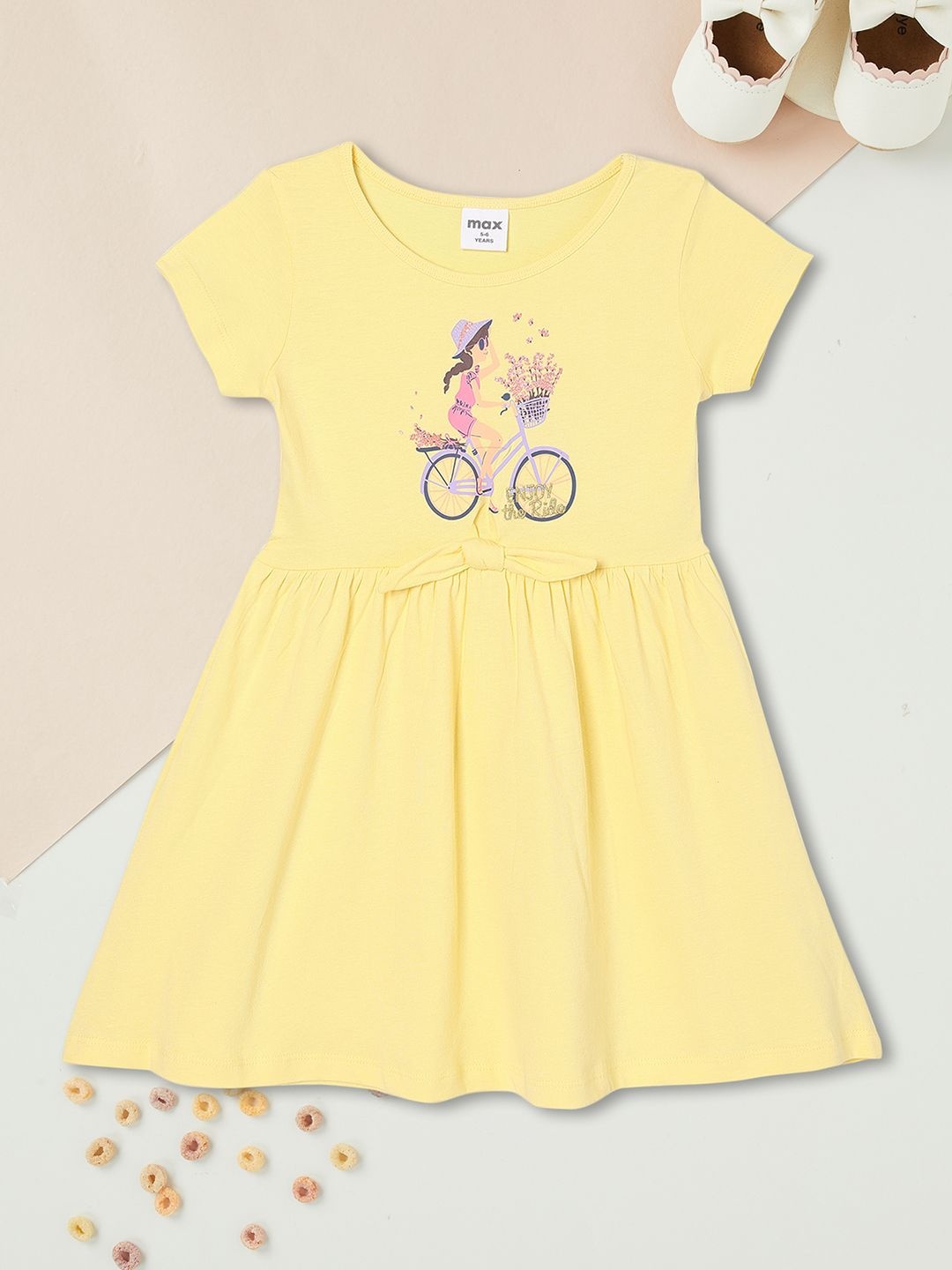 

max Girls Pure Cotton Graphic Printed Round Neck Short Sleeves Fit & Flare Dress, Yellow