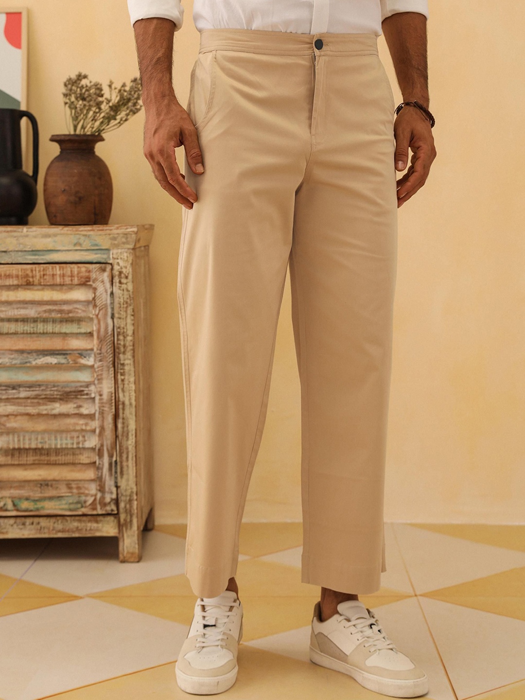 

PRIMAL GRAY Men Loose Fit Mid-Rise Flat-Front Regular Trousers, Beige
