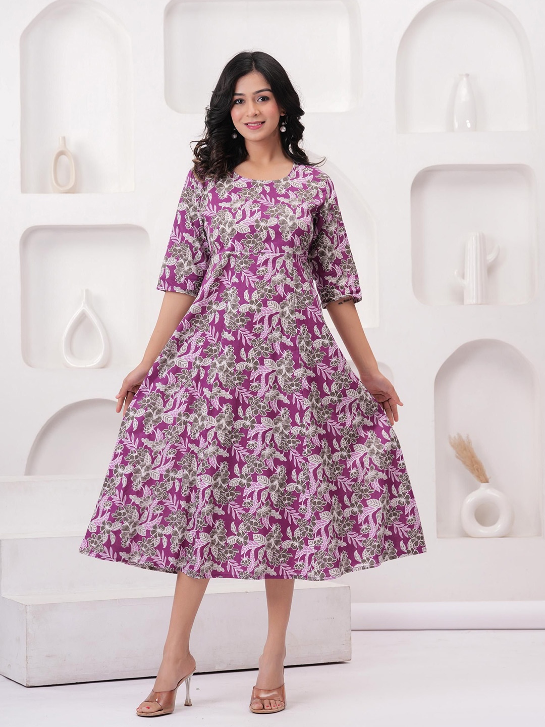 

Sanganeri Kurti Floral Print Fit & Flare Midi Dress, Purple
