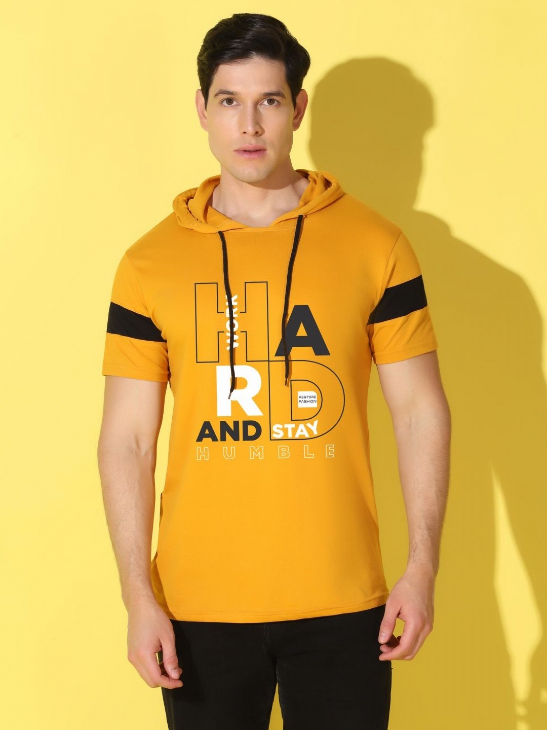 

WOOSTRO Men Typography Printed Hooded Slim Fit T-shirt, Mustard