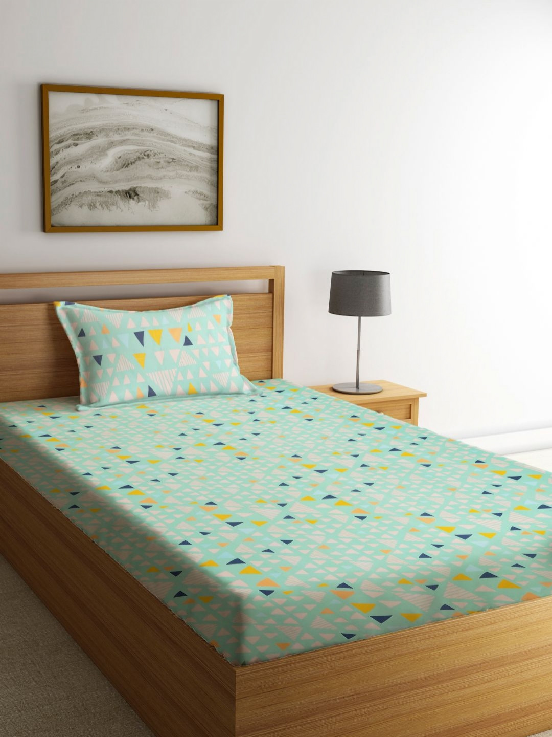 

Myntra Elegant Homes Green Geometric Printed 300 TC Single Bedsheet Set 2.2 m x 1.5 m