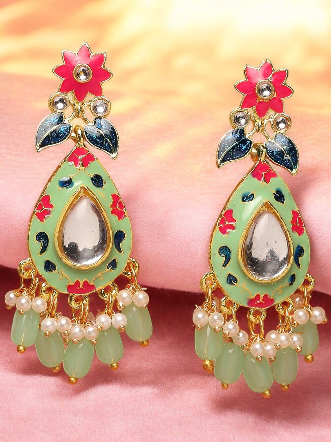 

Anouk Meenakari Kundan Studded Teardrop Shaped Drop Earrings, Green