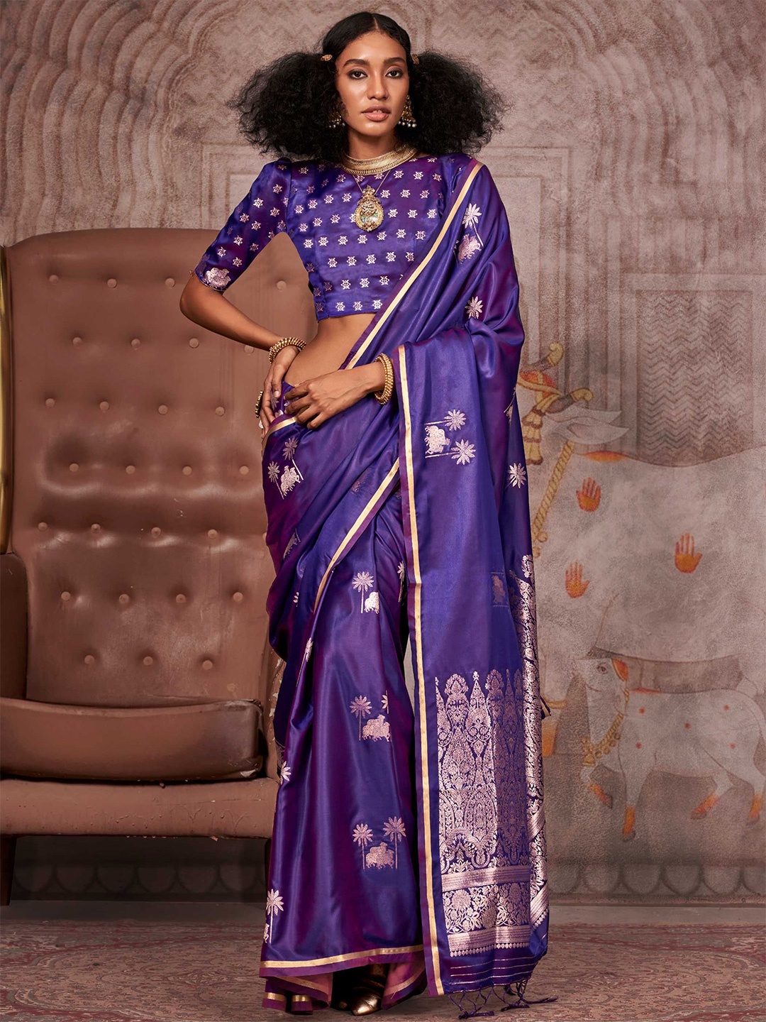

Vardha Ethnic Motifs Woven Design Zari Satin Banarasi Saree, Purple