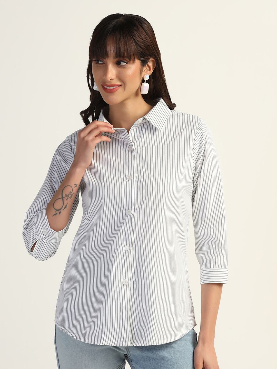 

TAHVO Women Comfort Striped Casual Shirt, White
