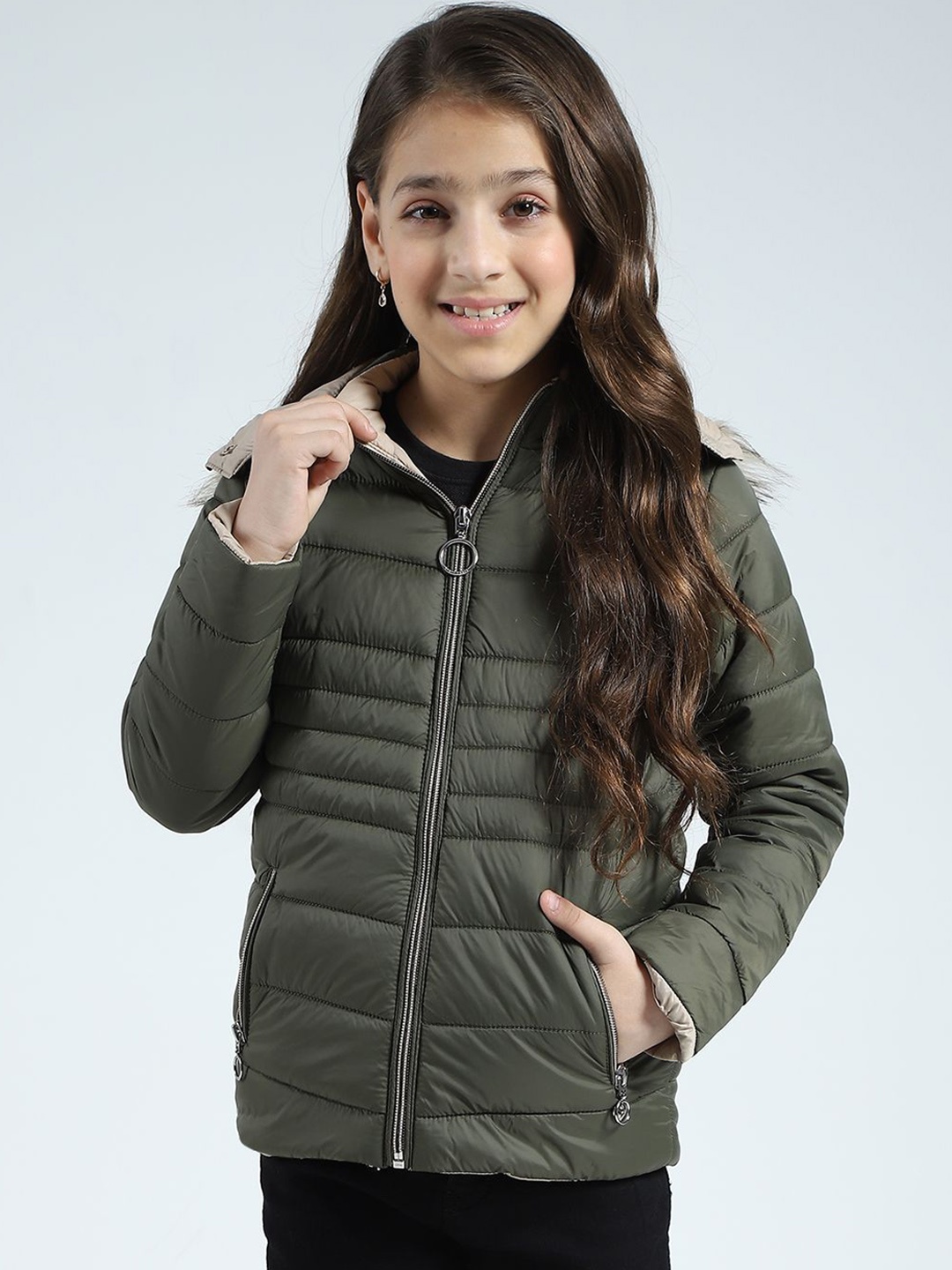 

Monte Carlo Girls Striped Puffer Jacket, Olive