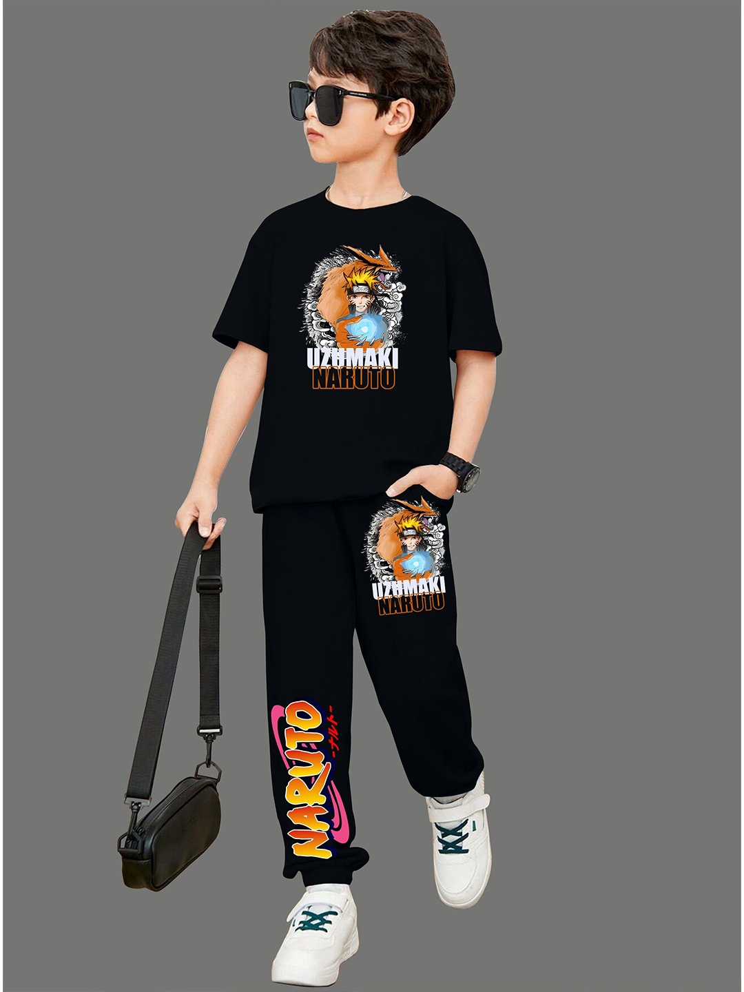 

MODARUE Boys Naruto Anime Printed Round Neck T-shirt With Joggers, Black