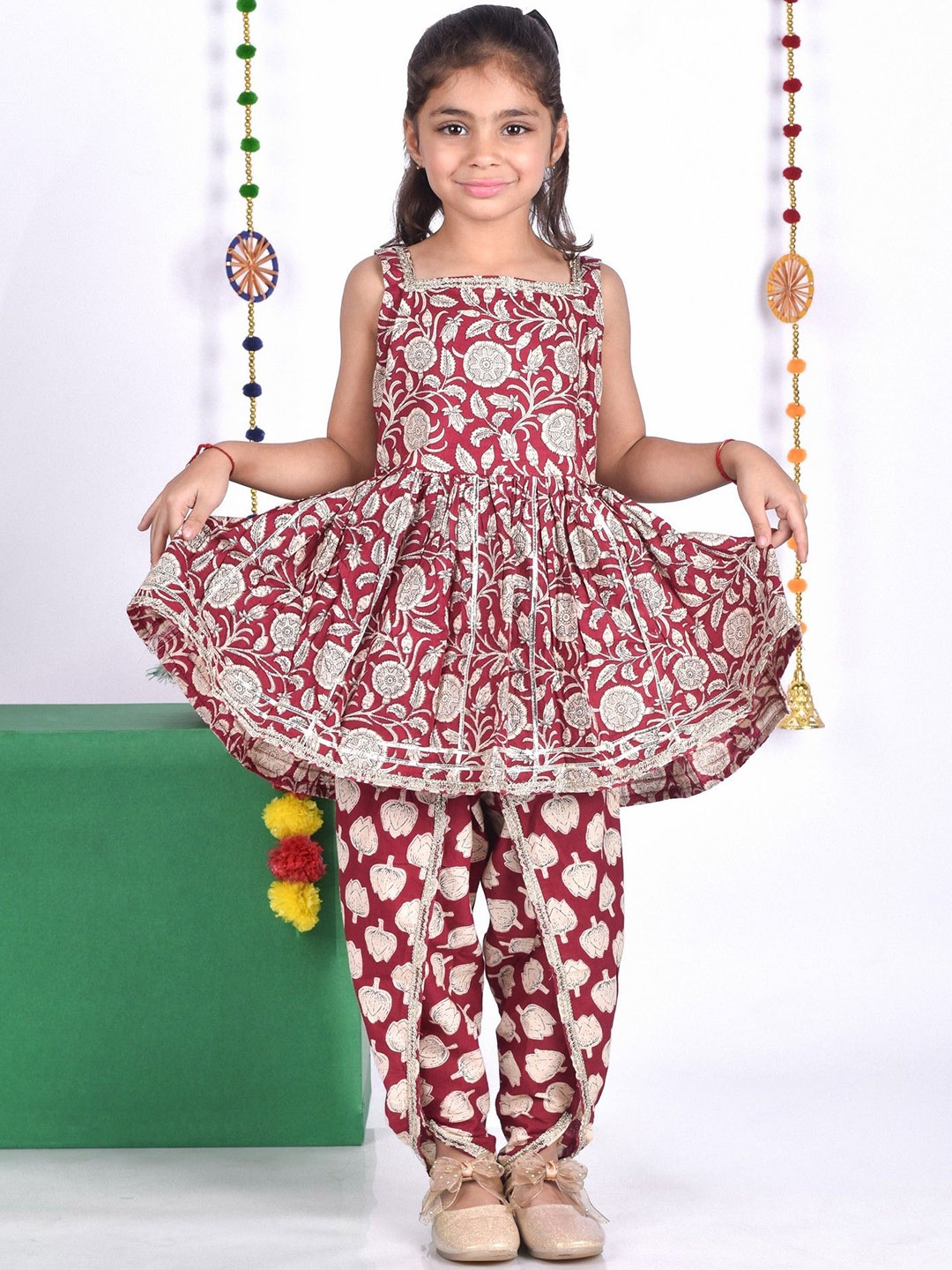

AATYA KIIDS Girls Floral Printed Gotta Patti Pure Cotton Anarkali Kurta with Dhoti Pants, Maroon