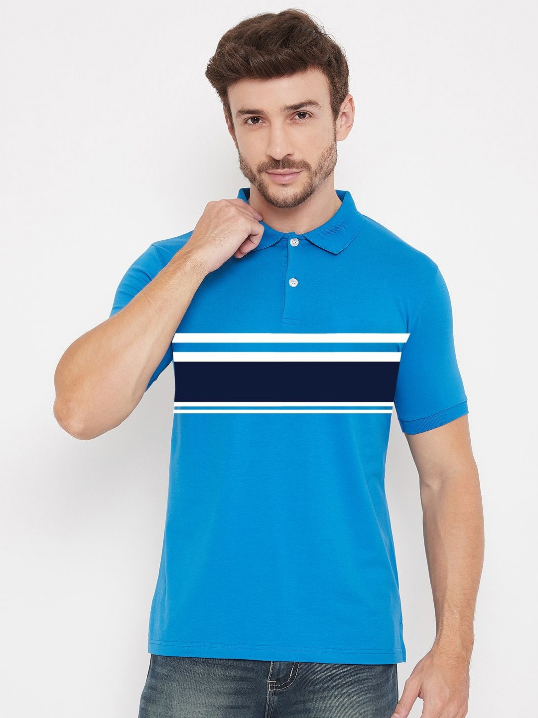 

Bishop Cotton Men Printed Polo Collar Applique T-shirt, Blue