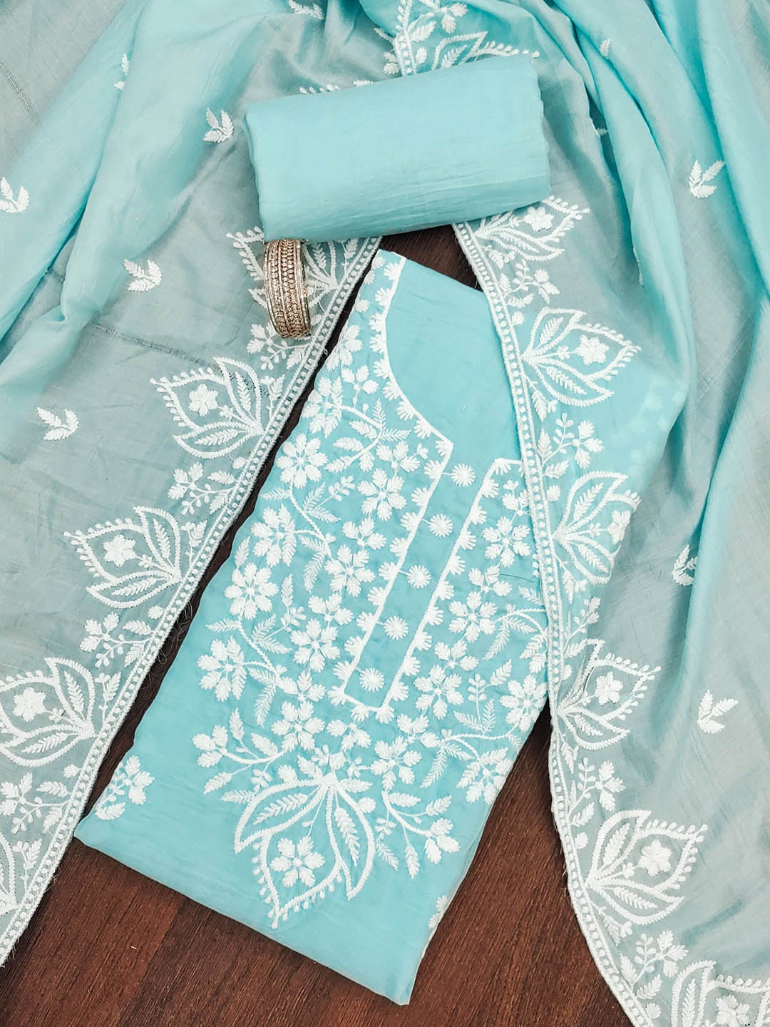 

SHADOW & SAINING Floral Embroidered Pure Cotton Semi-Stitched Dress Material, Blue