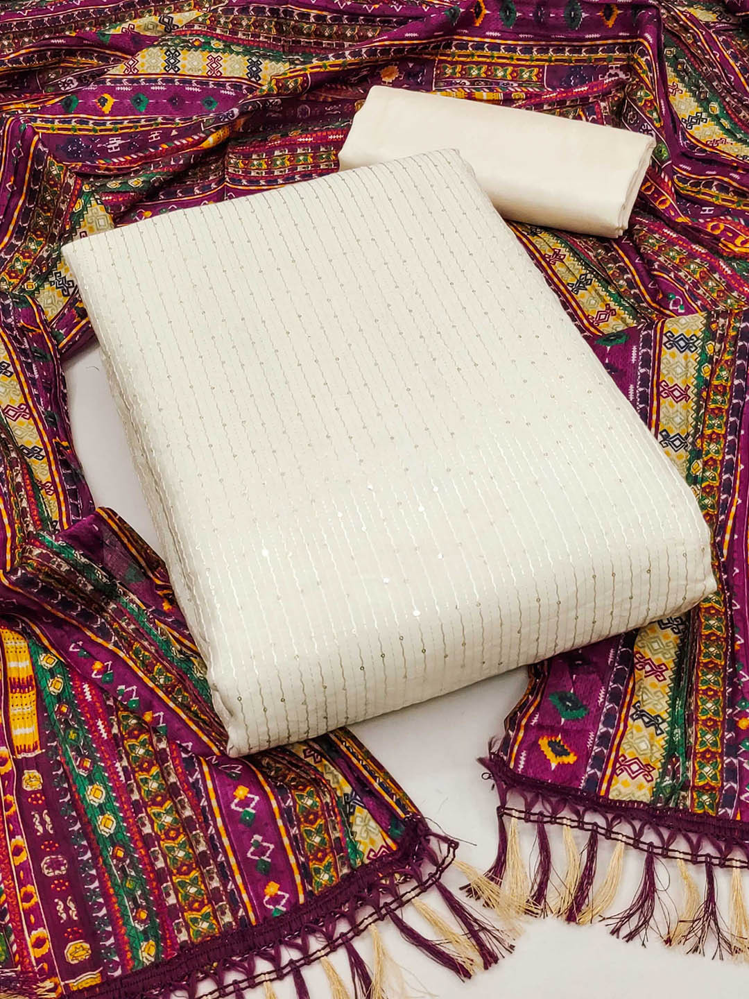 

SHADOW & SAINING Striped Sequinned Chanderi Cotton Unstitched Dress Material, Off white