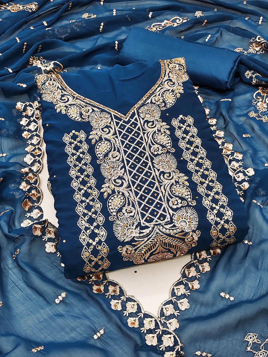 

SHADOW & SAINING Embroidered Silk Georgette Unstitched Dress Material, Blue