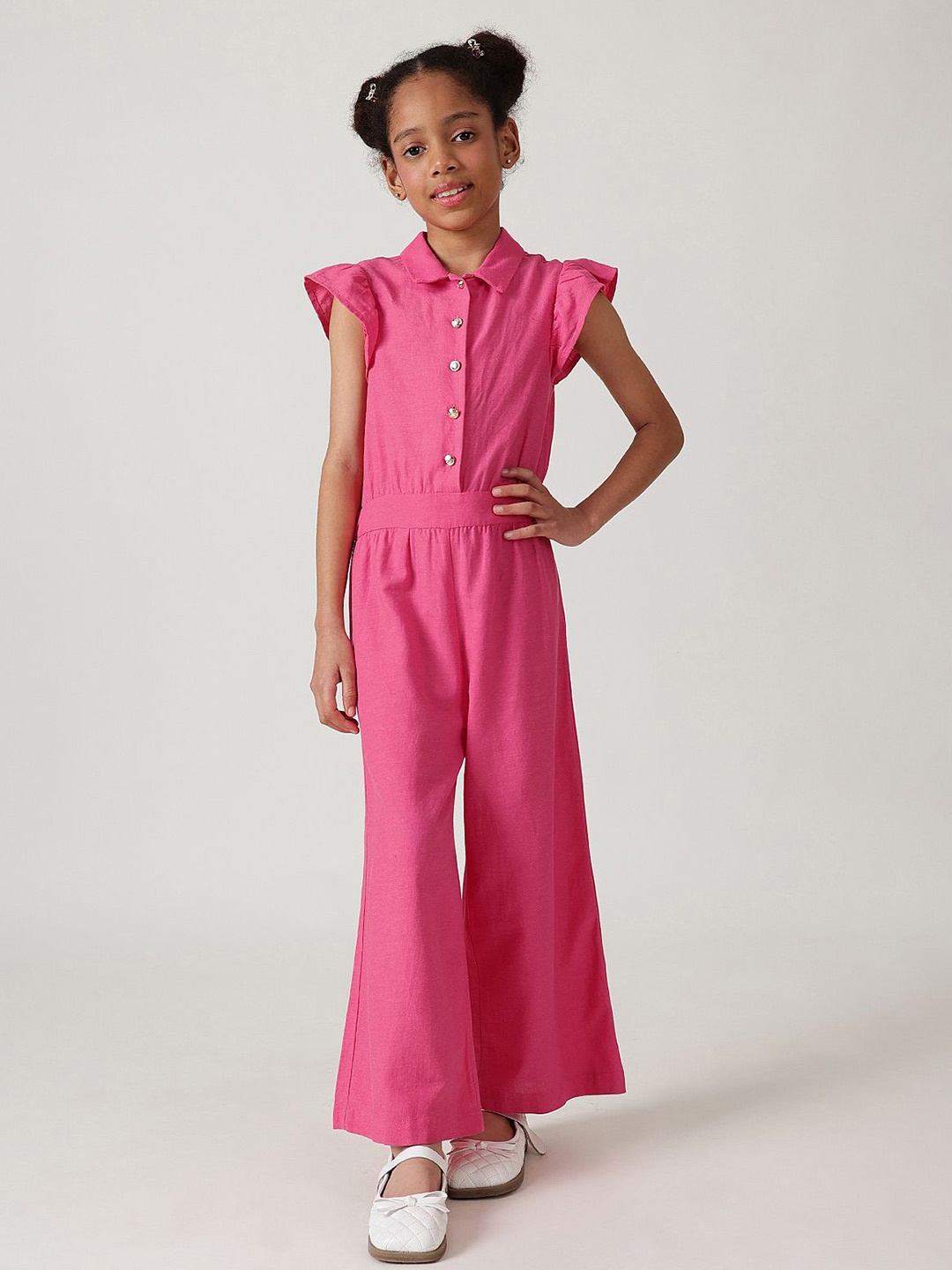 

One Friday Girls Pink Regular Fit Frill Sleeve Solid Jumpsuit