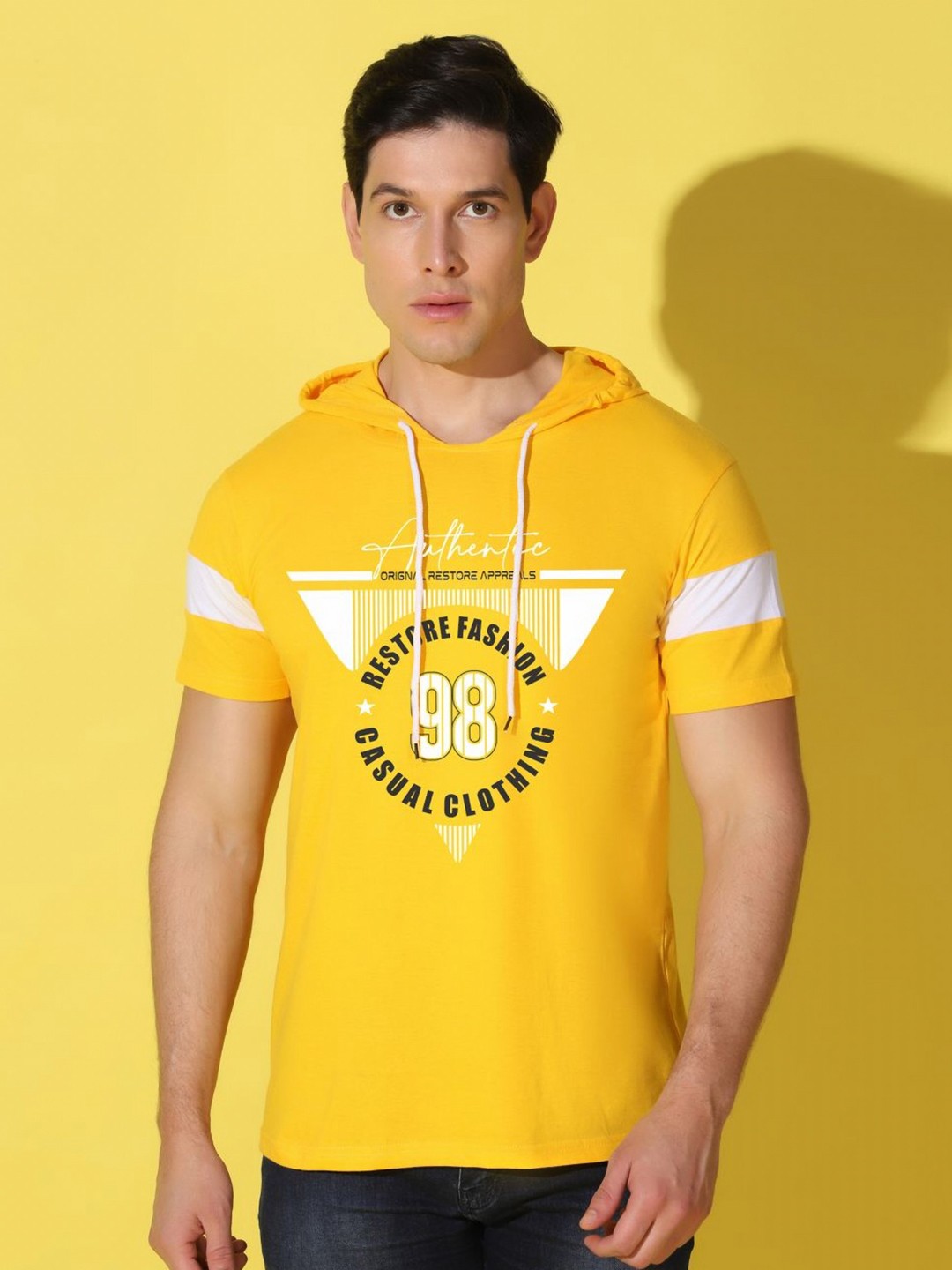 

WOOSTRO Men Typography Printed Hooded Slim Fit T-shirt, Yellow