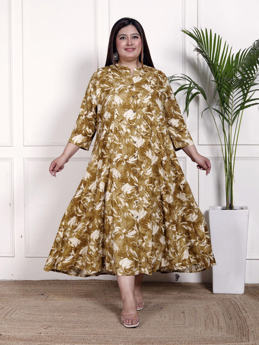 

Swasti Plus Size Mandarin Collar Ethnic Motifs Printed Shirt Maxi Dress, Green