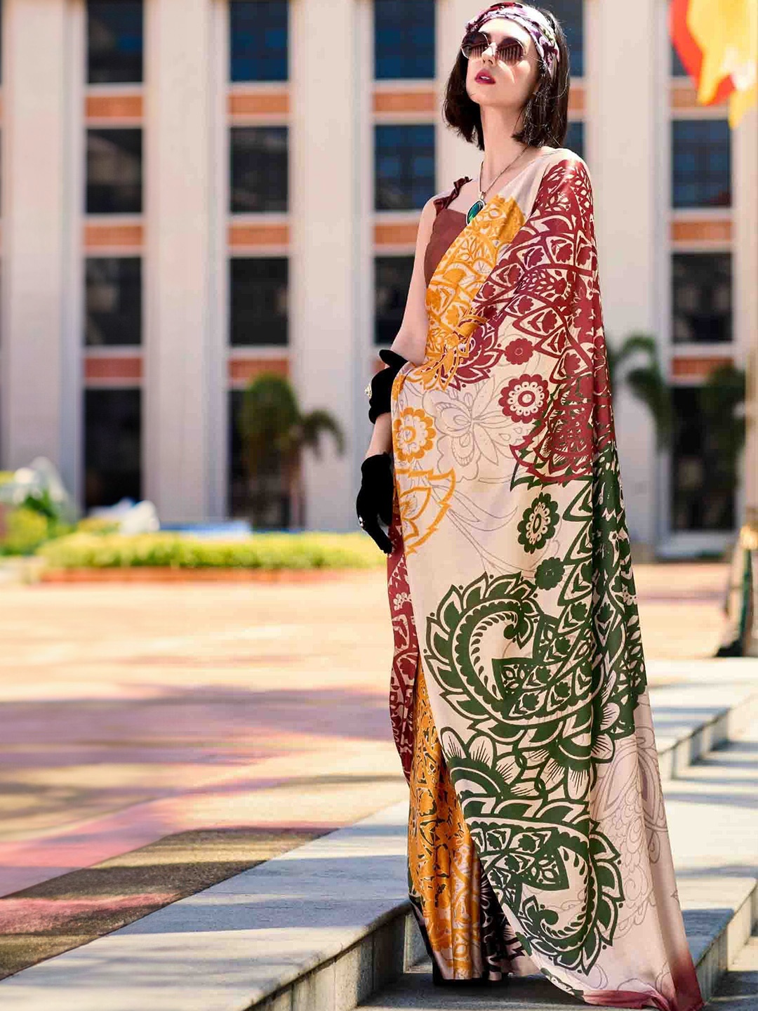 

Mitera Floral Printed Satin Saree With Unstitched Blouse Piece, Beige