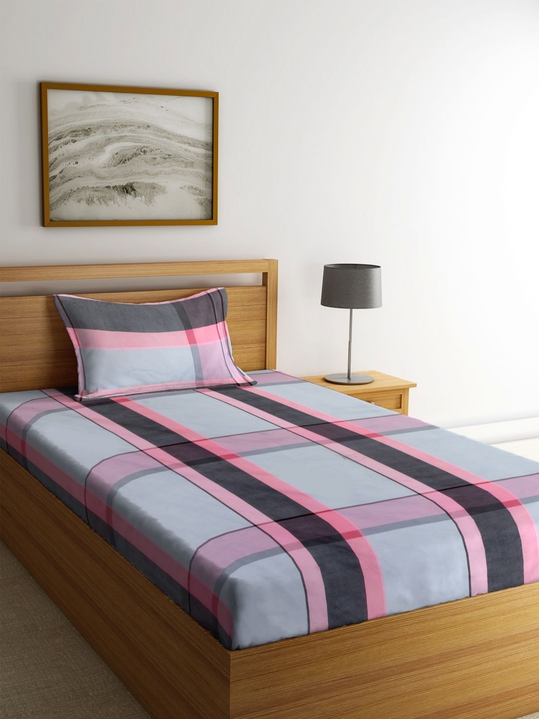 

Myntra Elegant Homes Pink Checked 300 TC Single Bedsheet Set-2.20 m x 1.50 m