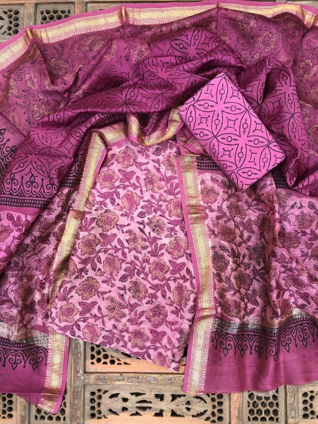 

PALASH Floral Block Printed Pure Silk Unstitched Dress Material, Purple