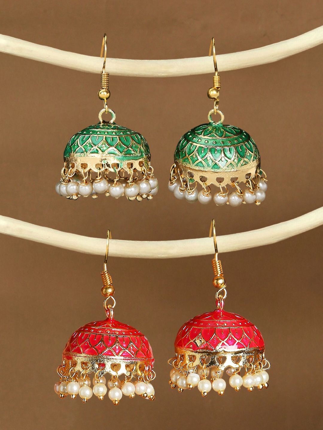 

Anouk Set of 2 Artificial Beaded Enamelled Meenakari Dome Shaped Jhumkas, Green