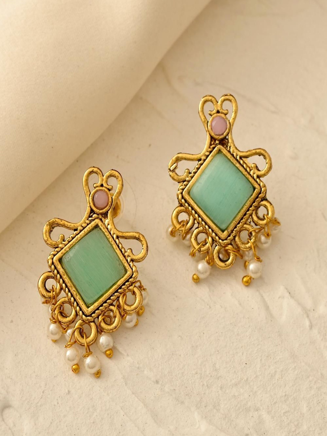 

STYYO Silver-Plated Artificial Stones and Beads Square Shaped Drop Earrings, Gold