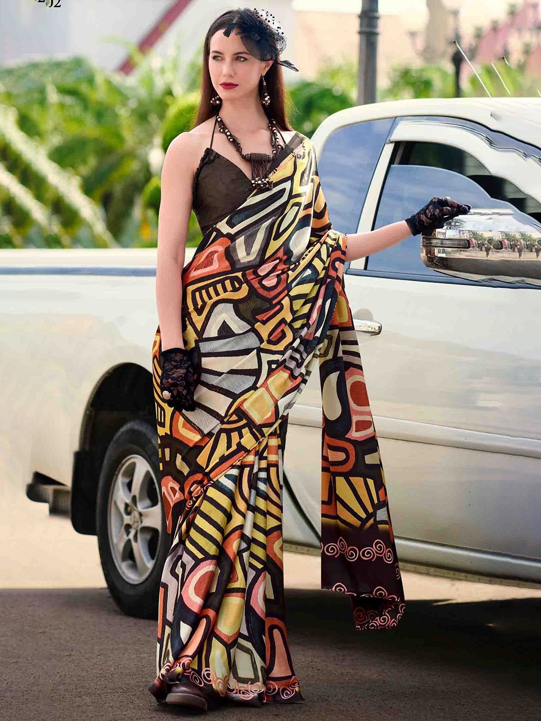 

Mitera Printed Satin Saree, Black