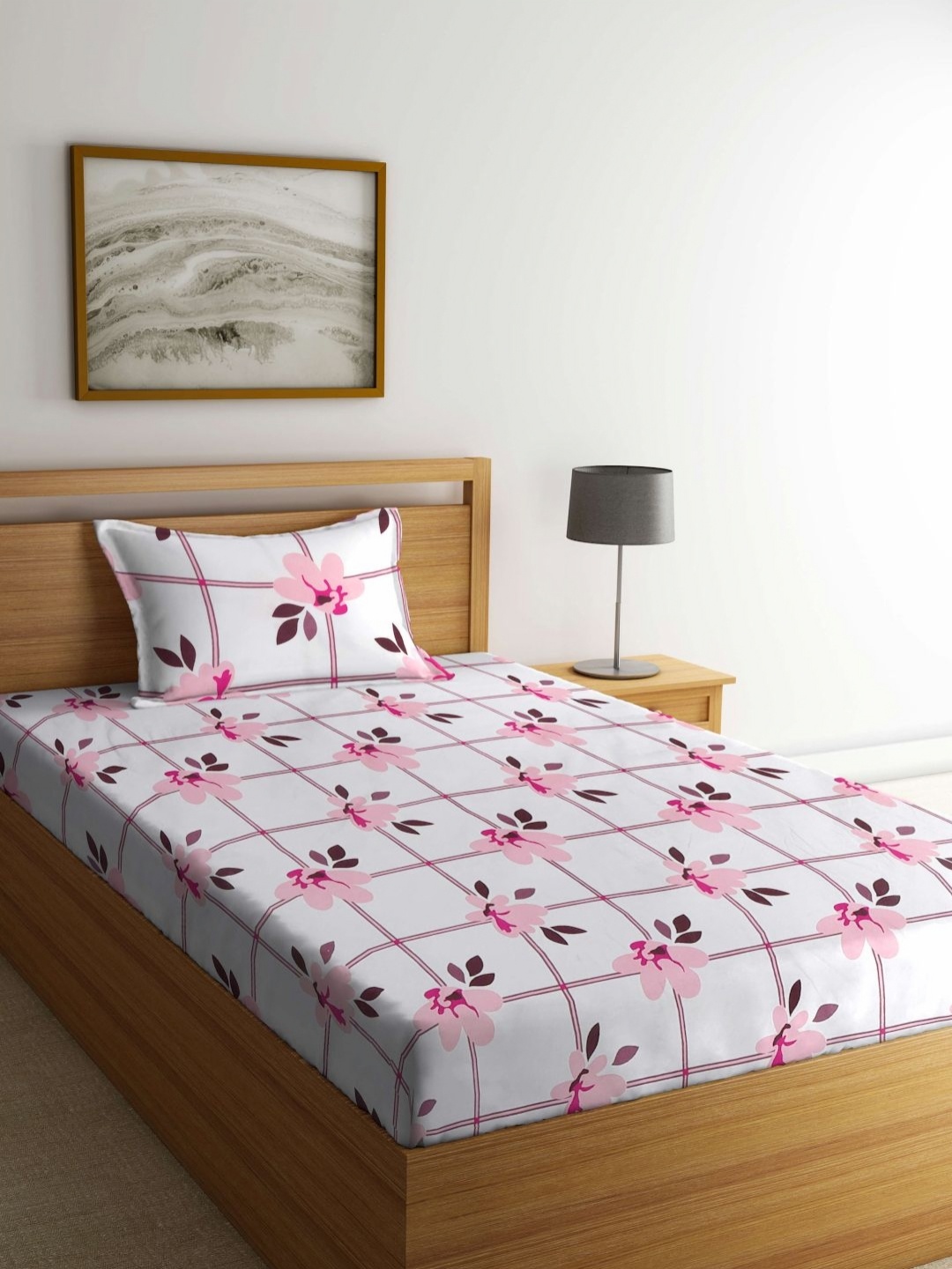 

Myntra Elegant Homes White & Pink Floral Printed 300 TC Single Bedsheet Set 2.2 m x 1.5 m