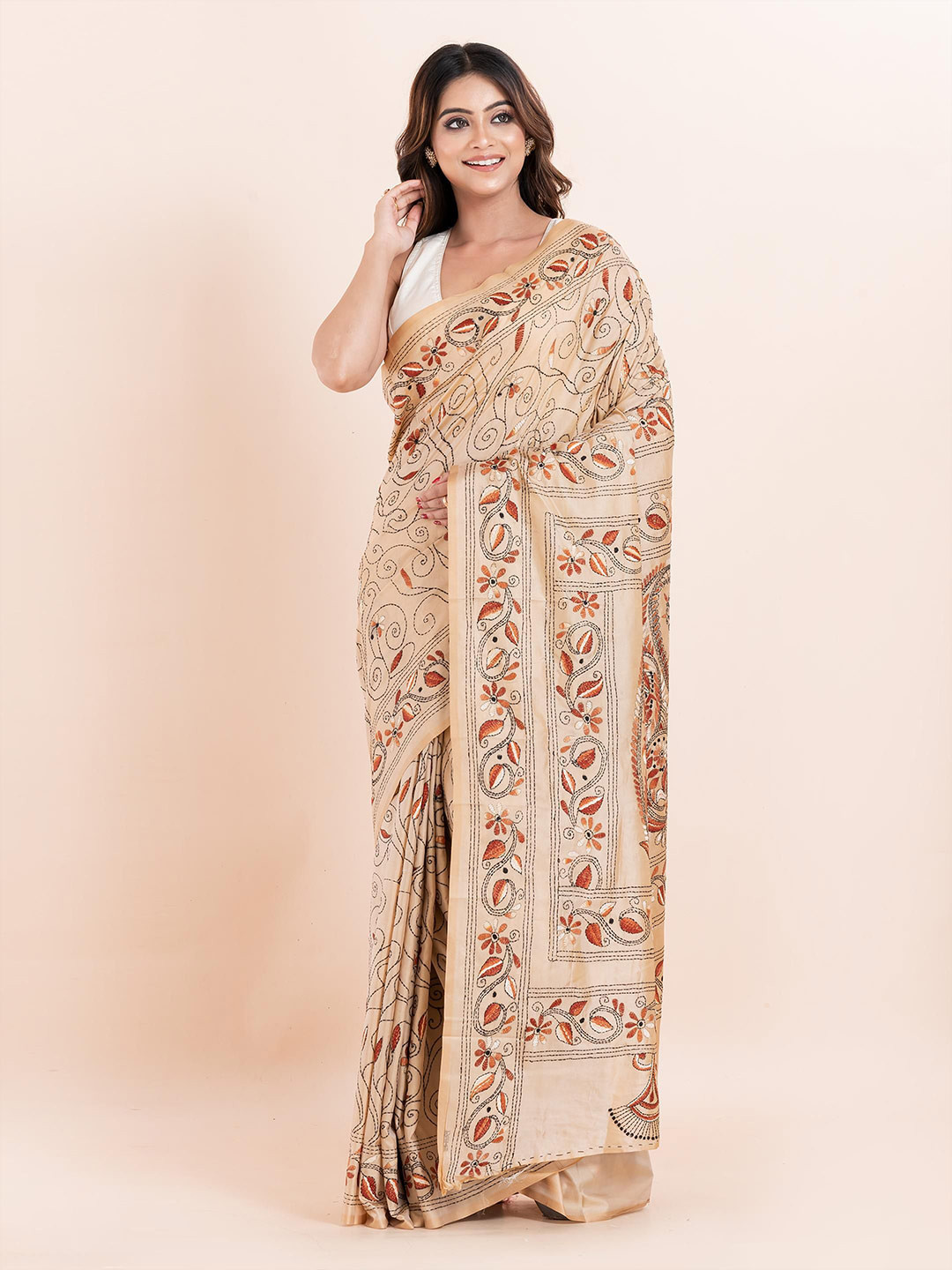 

PUKU Ethnic Motifs Kantha Work Saree, Beige