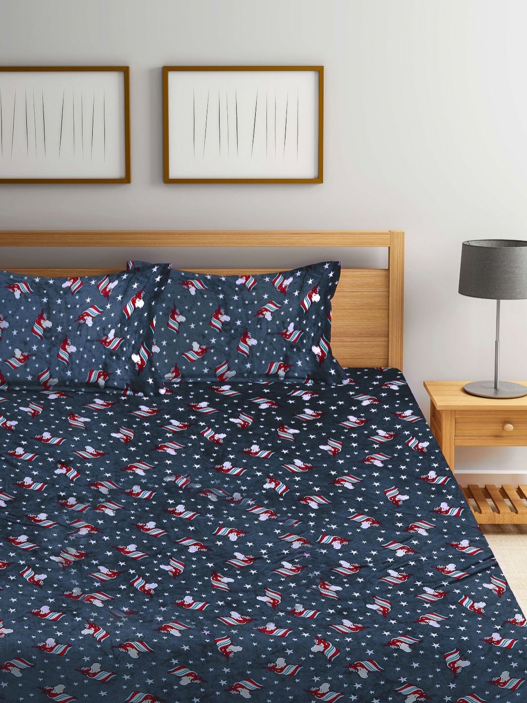 

Myntra Elegant Homes Grey Cartoon Printed Fitted 300 TC King Bedsheet Set 2.5 m x 2.25 m