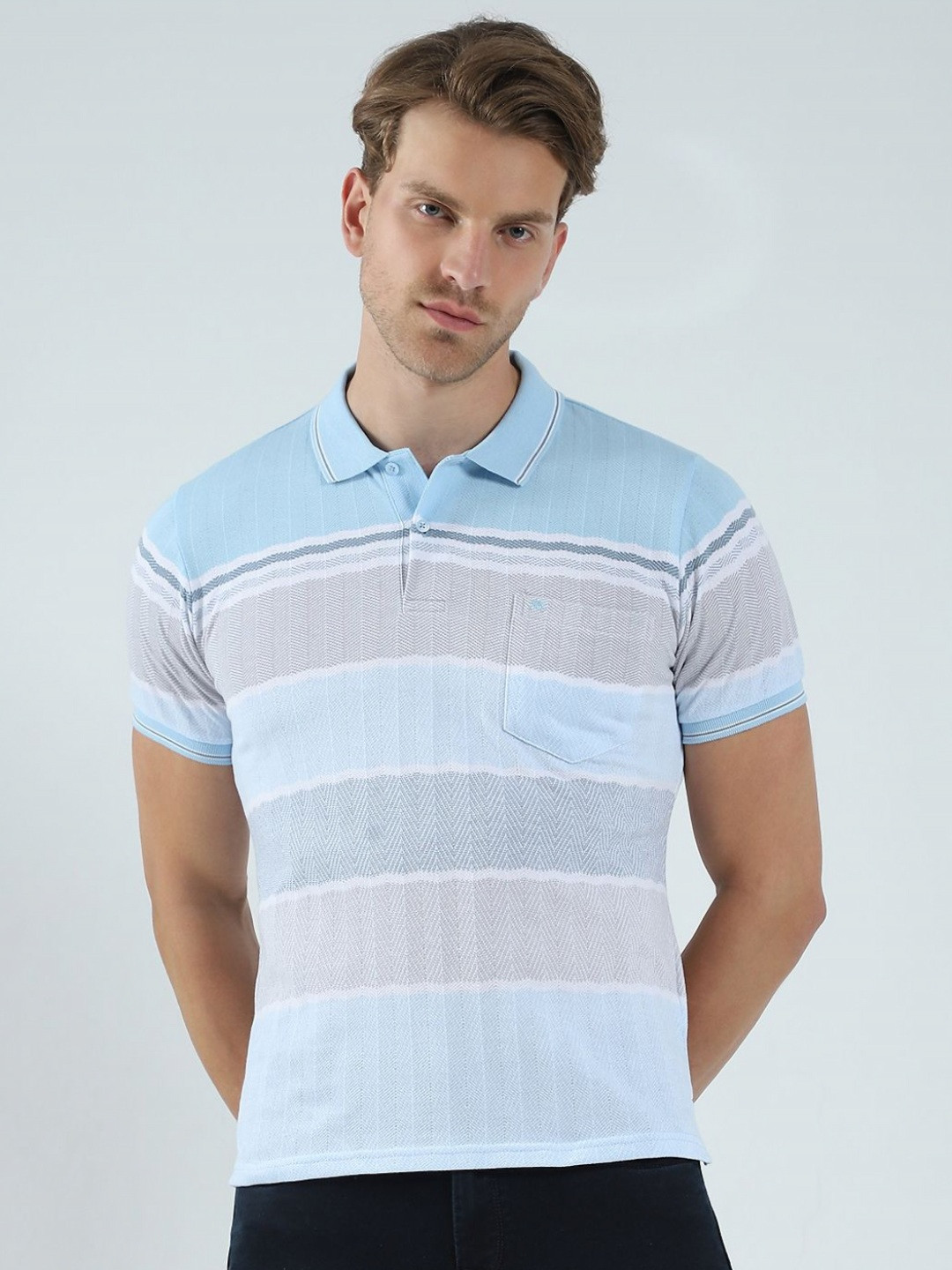 

Monte Carlo Men Striped Polo Collar Pockets T-shirt, Blue
