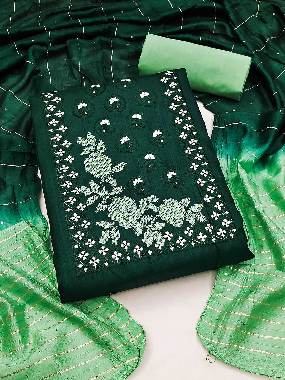 

SHADOW & SAINING Floral Embroidered Thread Work Pure Silk Unstitched Dress Material, Green